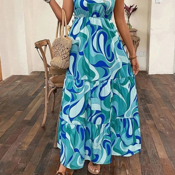 Blue Boho Womens Allover Print Split Thigh Ruffle Hem Halter Dress - Picture 4 of 5